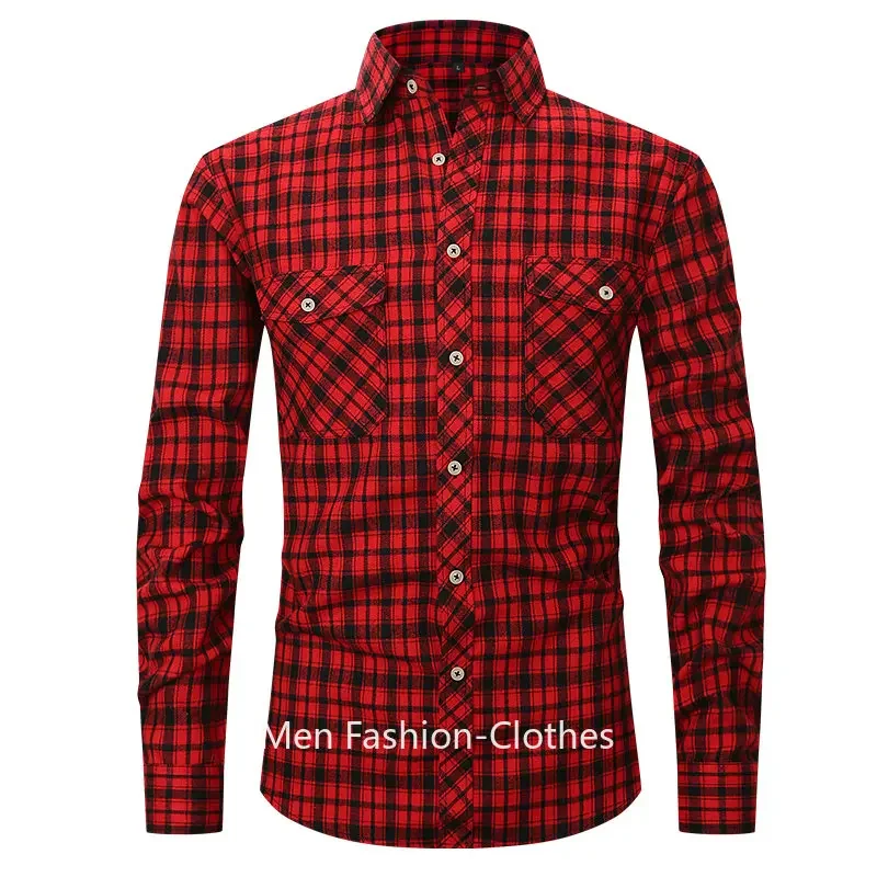 2023 Two Pocket Flannel Shirt Long-Sleeved Chest  Men Casual Plaid Design Printed-Button (USA SIZE S M L XL 2XL)