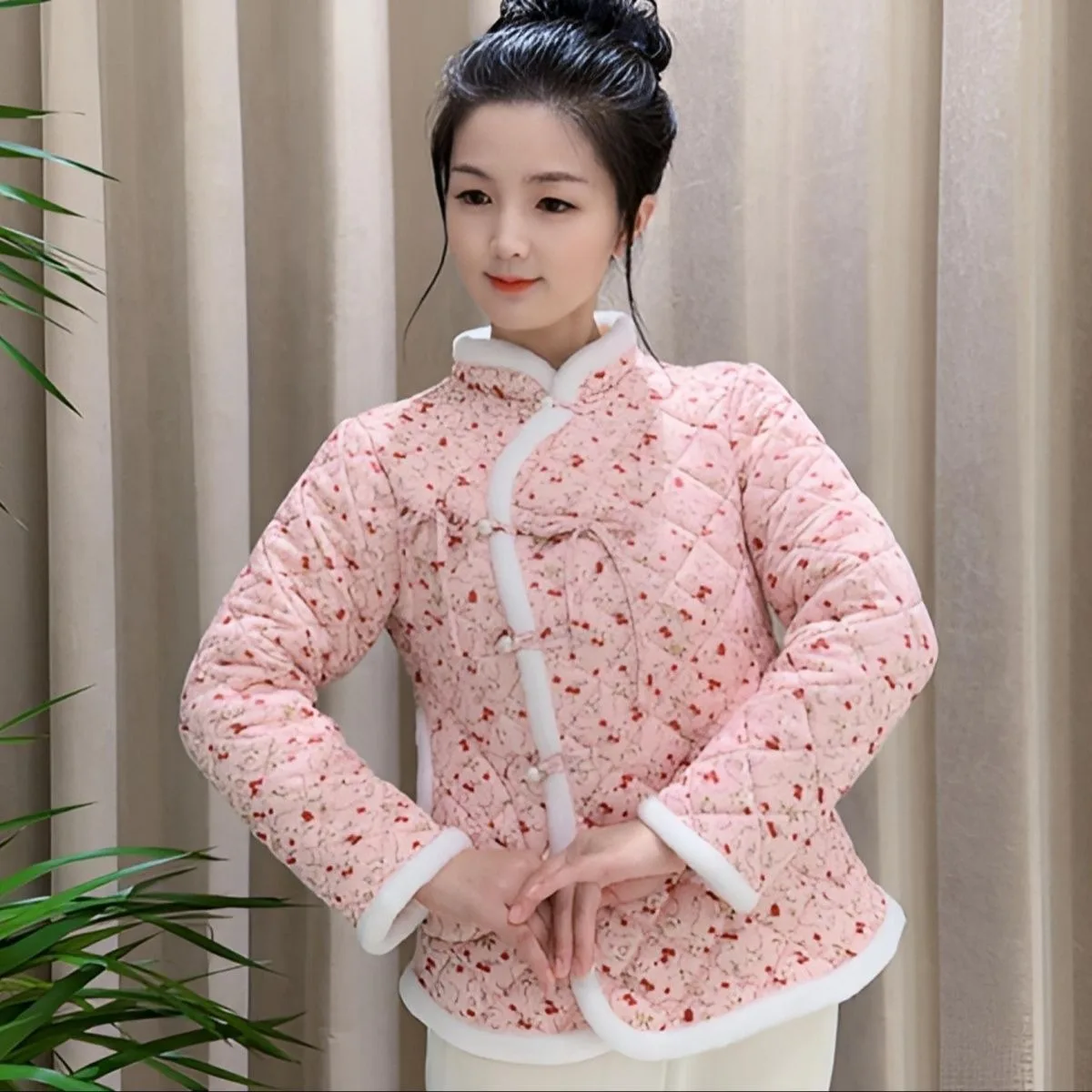 

Хлопковое пальто на китайский Новый год для девочек-студентов, стеганая куртка в национальном стиле с цветочным принтом | Утолщенное зимнее пальто на плюшевой подкладке в стиле ретро