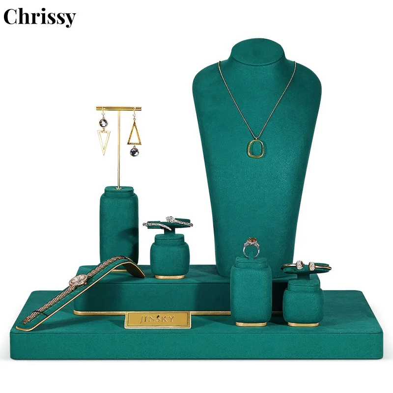 

Necklace Bust Metal Jewelry Props Set Resin Earring Display Stand Microfiber Bangle Display Tray Newly Green