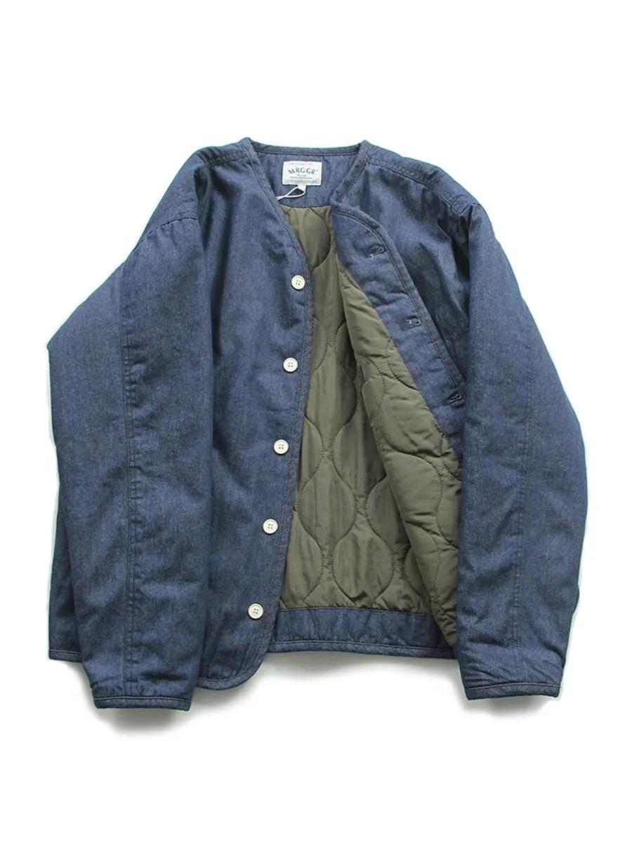 Japan fashion Retro Cargo Quilted Thick Small Cotton-padded Clothes Autumn and Winter Amekaji Stacked Denim V-neck Jacket