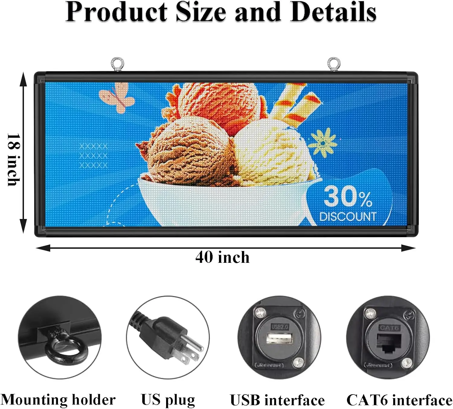 Sinal de LED programável ao ar livre com alta resolução, cores, WiFi e USB, 40x18 polegadas