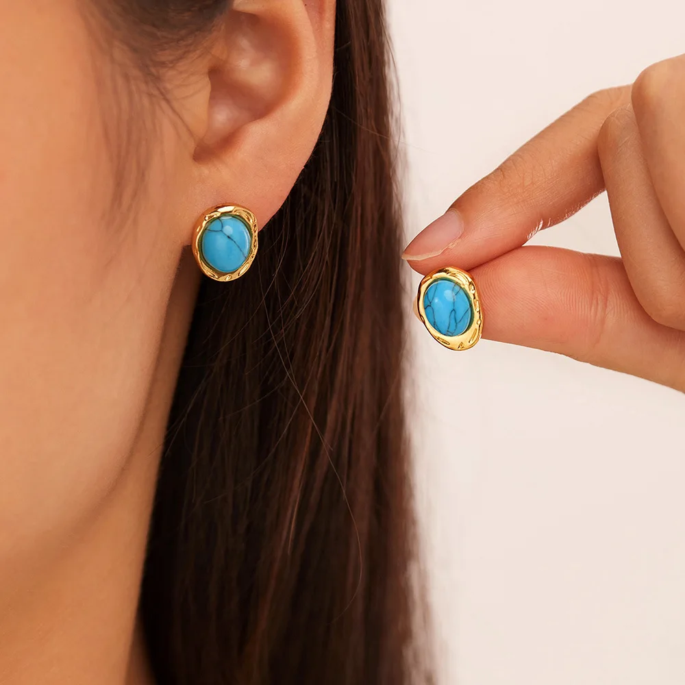 

Ailodo Vintage Blue Turquoise Stainless Steel Stud Earrings For Women Minimalist Party Wedding Earrings Fashion Jewelry Gift
