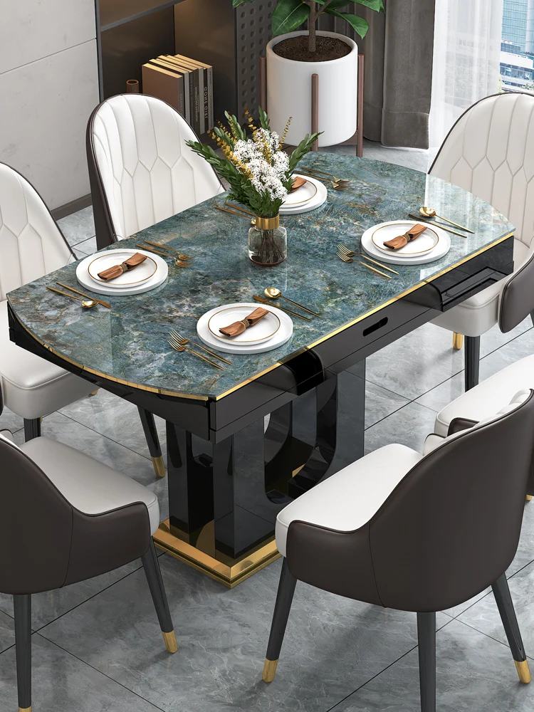 

Green rock slab retractable dining table simple modern small apartment multi-functional variable round table rectangular