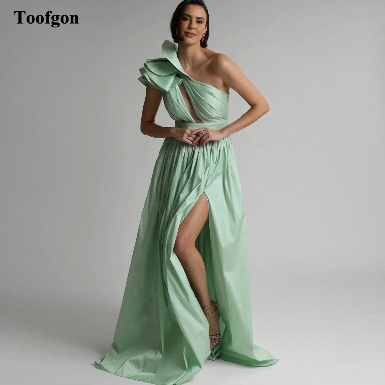 

Toofgon Simple A Line Taffeta Women Party Dresses One Shoulder Pleats Formal Prom Evening Gowns Split Side Long Celebrity Dress