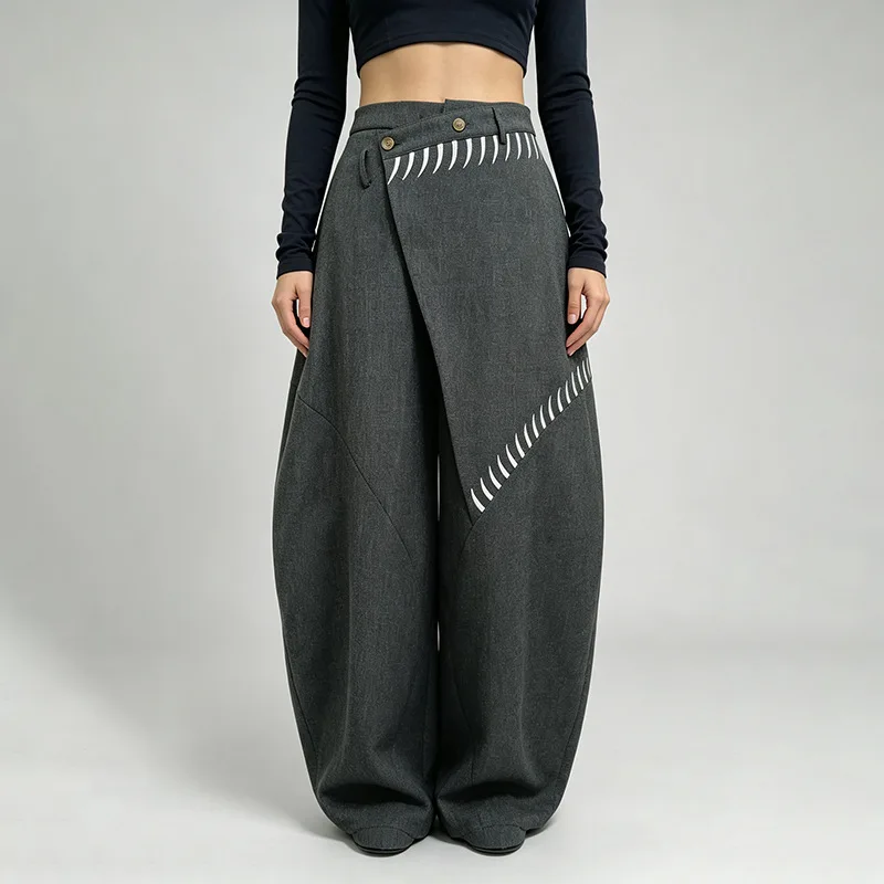 Wrap Over Wide Leg Pants for Women Asymmetric Button Waist Geometric Print Loose Curved Cut with Pockets Trousers