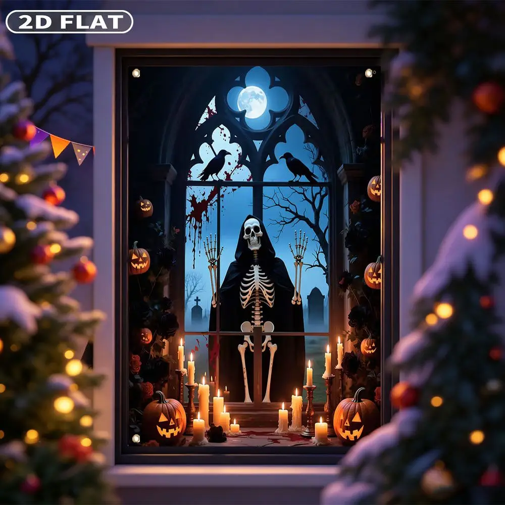 2D FLAT 1pc Party Window Cover Banner, with Skeleton In Black Hood With Candles And Pumpkins