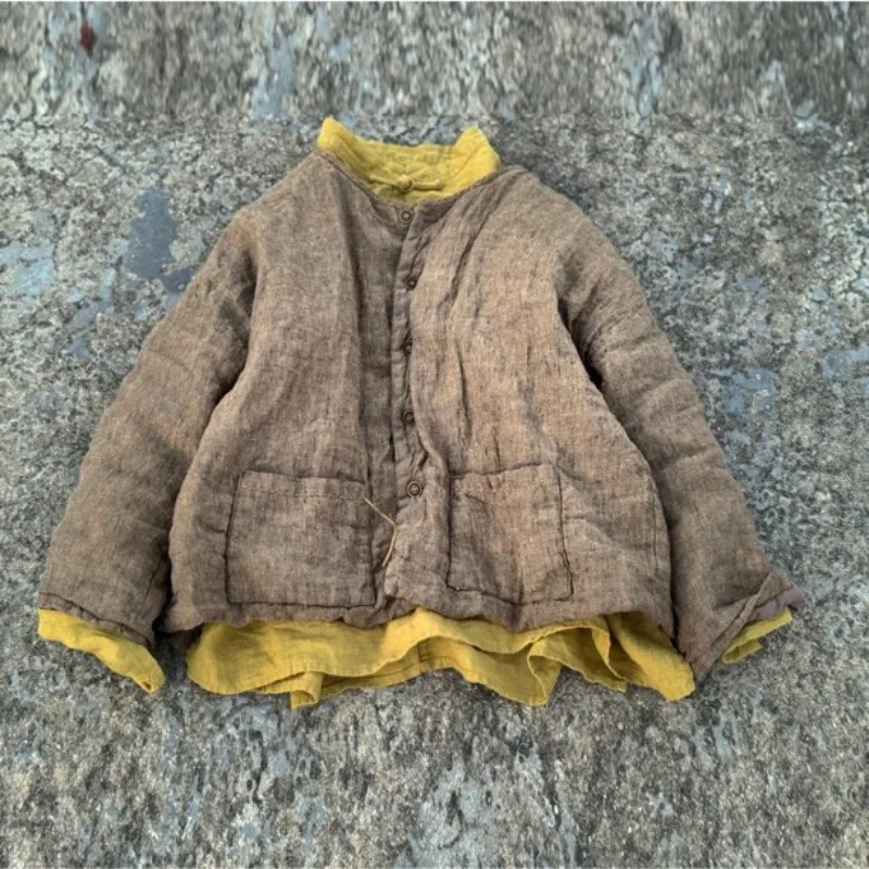 Women Vintage Solid Parkas Cotton Warm Jackets 2026 Winter New Chinese Style Solid Long Sleeve Button Pockets Female Linen Coats