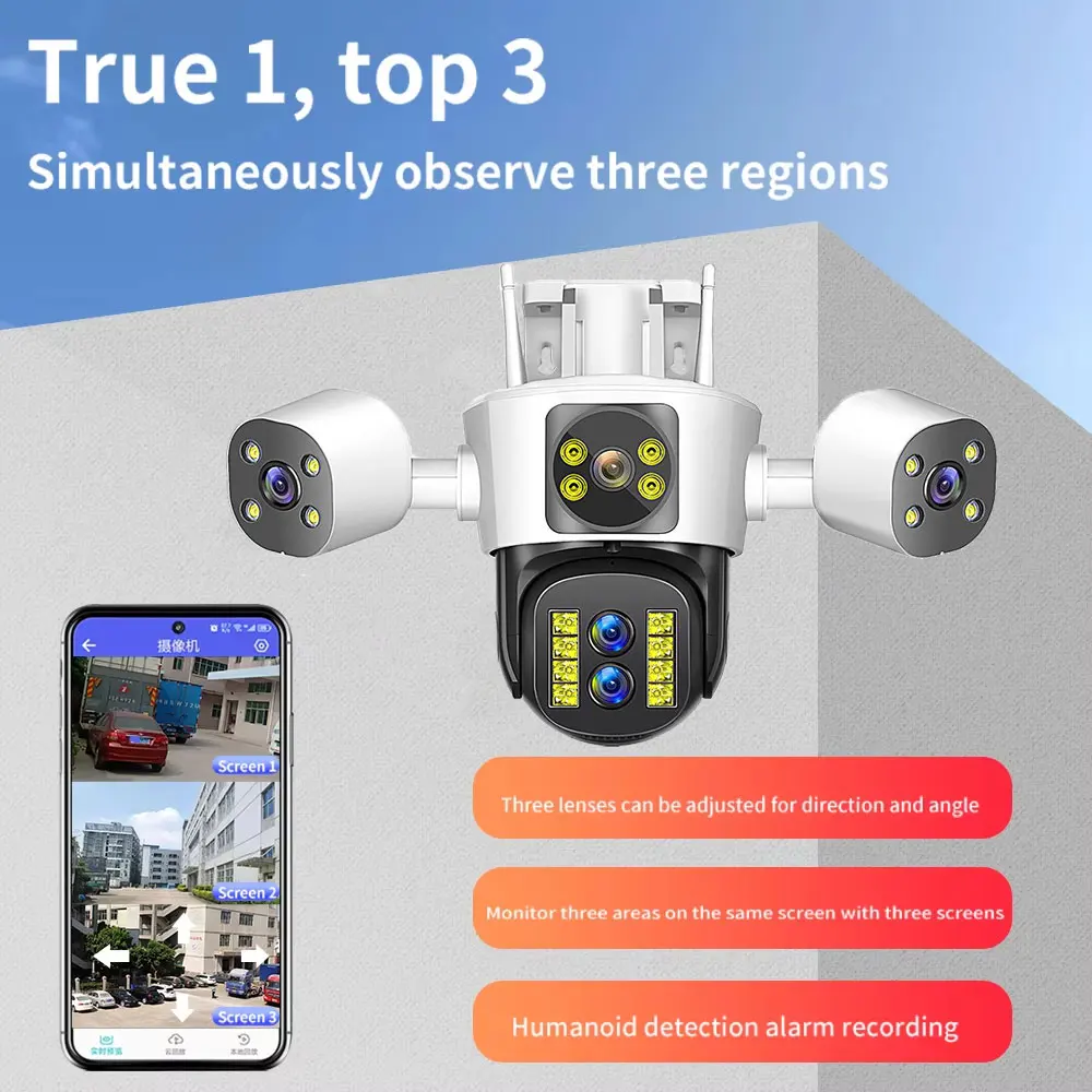 15MP Outdoor Wifi Camera 6K Three Lens Security PTZ IP Camera 10X Zoom Three Screens Human AI Auto Detect Tracking Surveillance