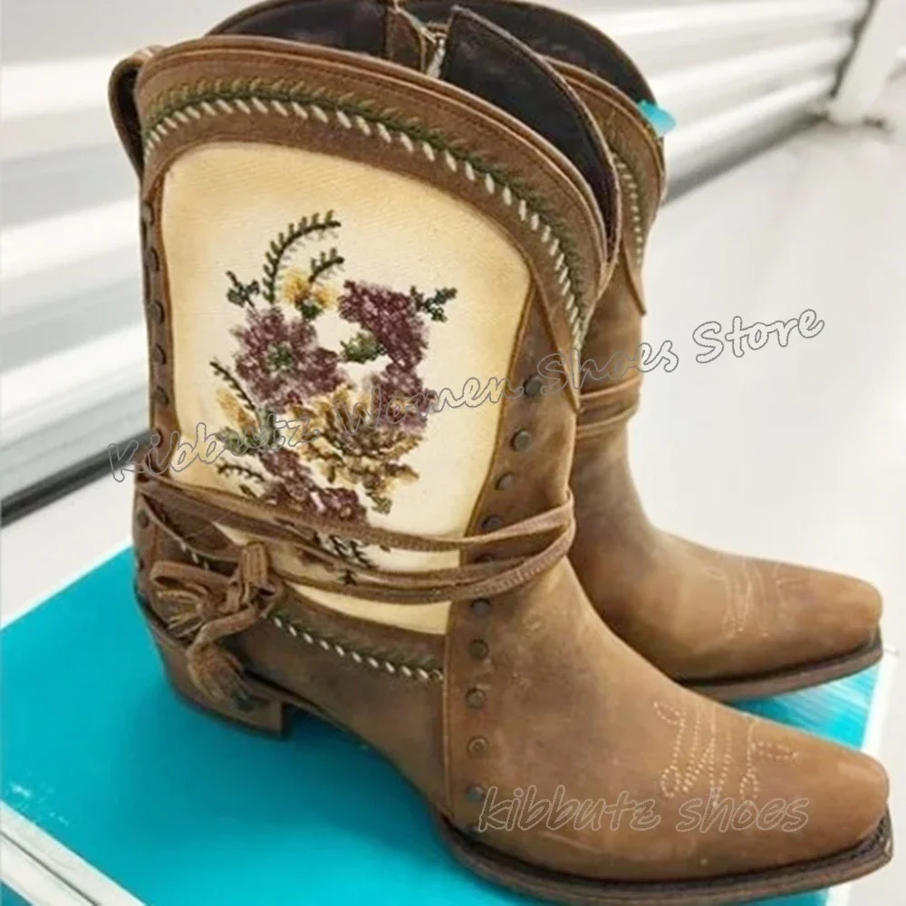 

Embroidery Western Ankle Boots Rivets Slip-On Patchwork Fashion Luxury Elegant Sexy Women Shoes Newest Pointed Toe Chunky Heels