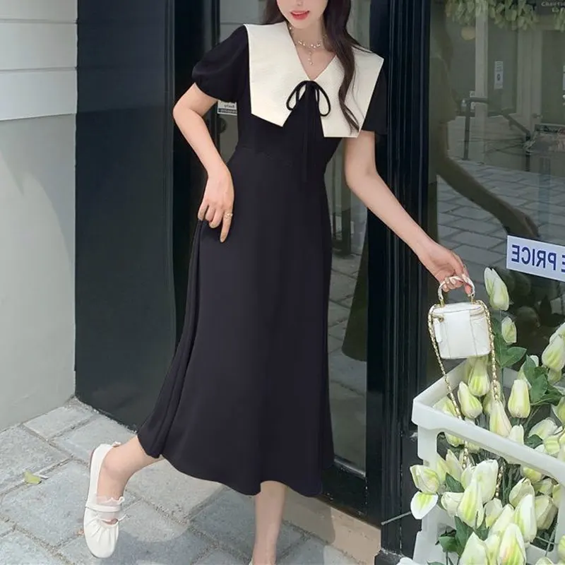 Fashion Drawstring Doll Collar Dresses Summer French Style Solid Color Women's Clothing A-Line Elegant Puff Sleeve Midi Dress