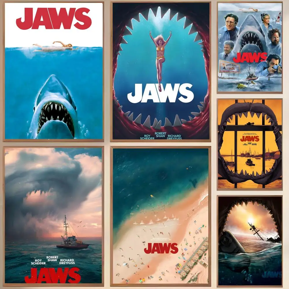ملصق كلاسيكي رعب Moviej-Jawws مقاوم للماء من القماش ومقاوم للتجاعيد جدار الفن سهل التعليق ديكور المنزل لغرفة المعيشة وغرفة النوم #1