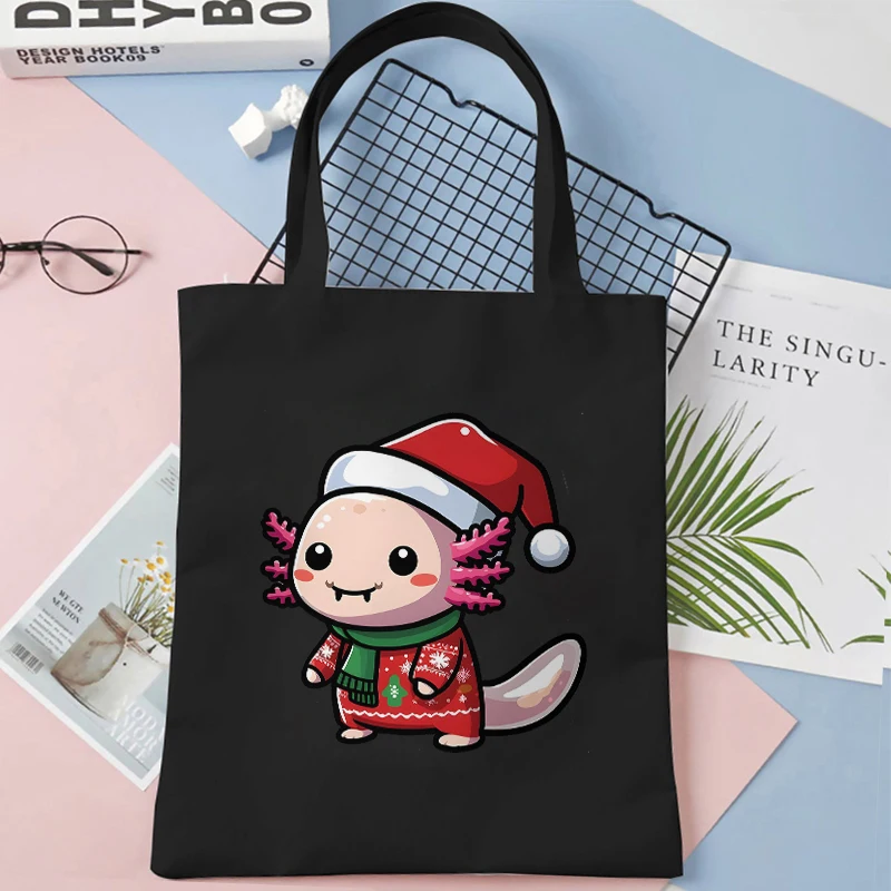 Christmas Axolotl Cute Kawaii Axolotl Santa Print Shopping Bag Tote Handbag Shopper Recycle Bag borsa da viaggio riutilizzabile Tote