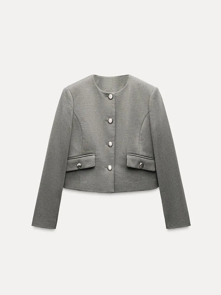 

New Autumn Women's Casual Metal Button Long Sve round Ne Suit Jaet Commute Sle ort Coat Regular Sve Long