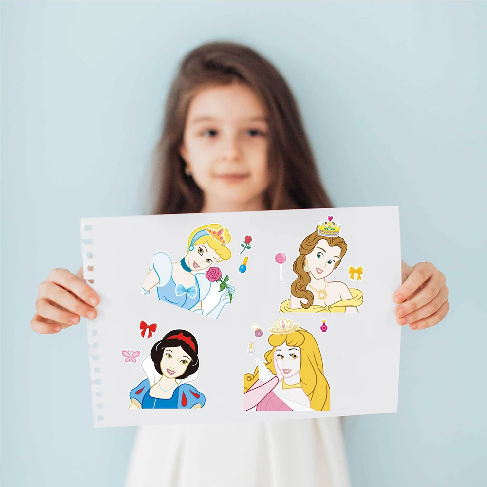 Disney Princess Puzzle Stickers para crianças, Anime Jigsaw Decal, Engraçado montar, Decoração de festa, Gift Toy for Children, Make A Face, 8 folhas, 16 folhas