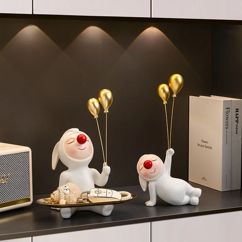 Creative Decoration Clown Portrait Bust Sculpture Gold Candy/Key Storage Tray Cute Cartoon Children Holding Balloon Statue