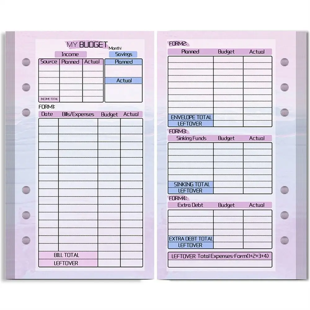 Hoja de presupuesto para cuaderno, recarga semanal y mensual, hoja suelta para ahorro de dinero en el interior, 6 agujeros, organizador de dinero, carpeta en espiral, página interior