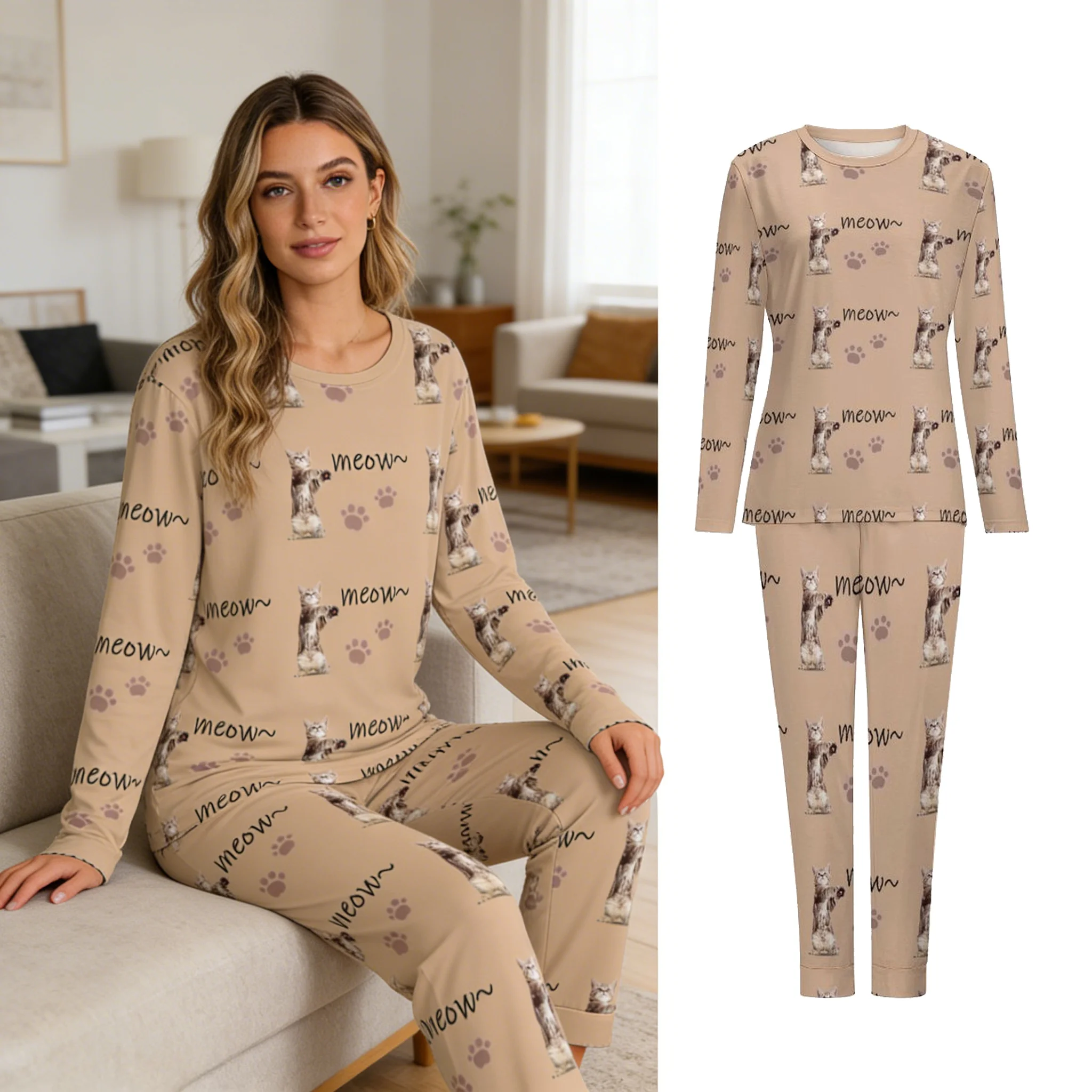 Custom Crew Neck Pajama Set Personalized Images and Text Gifts Couples Spouses Friends Pets Family