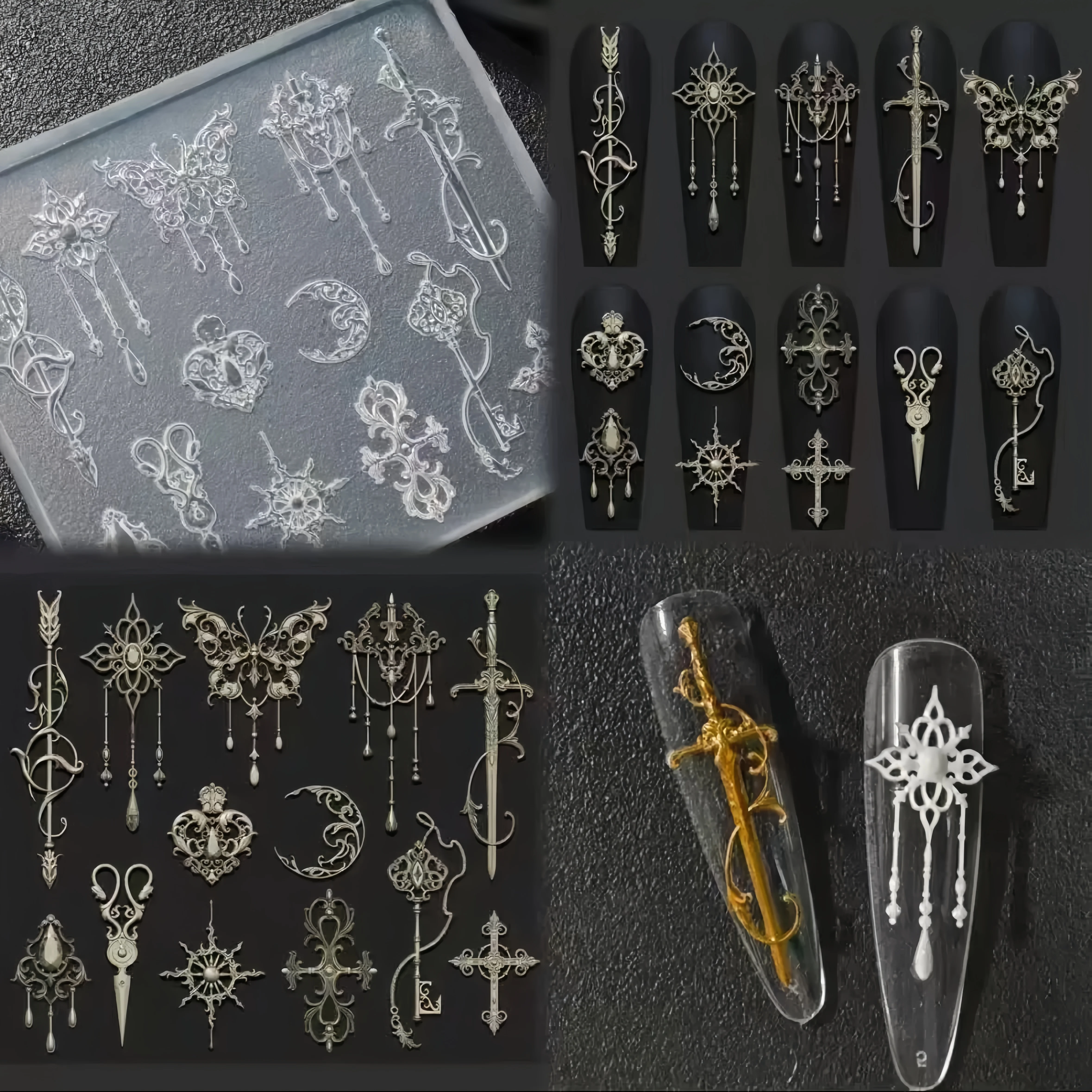 Gothic Vintage Metal‑Texture Nail Art Charms Sword Cross Butterfly Key Moon‑Shaped 3D Alloy Decorations For Long Coffin Nails Ornament