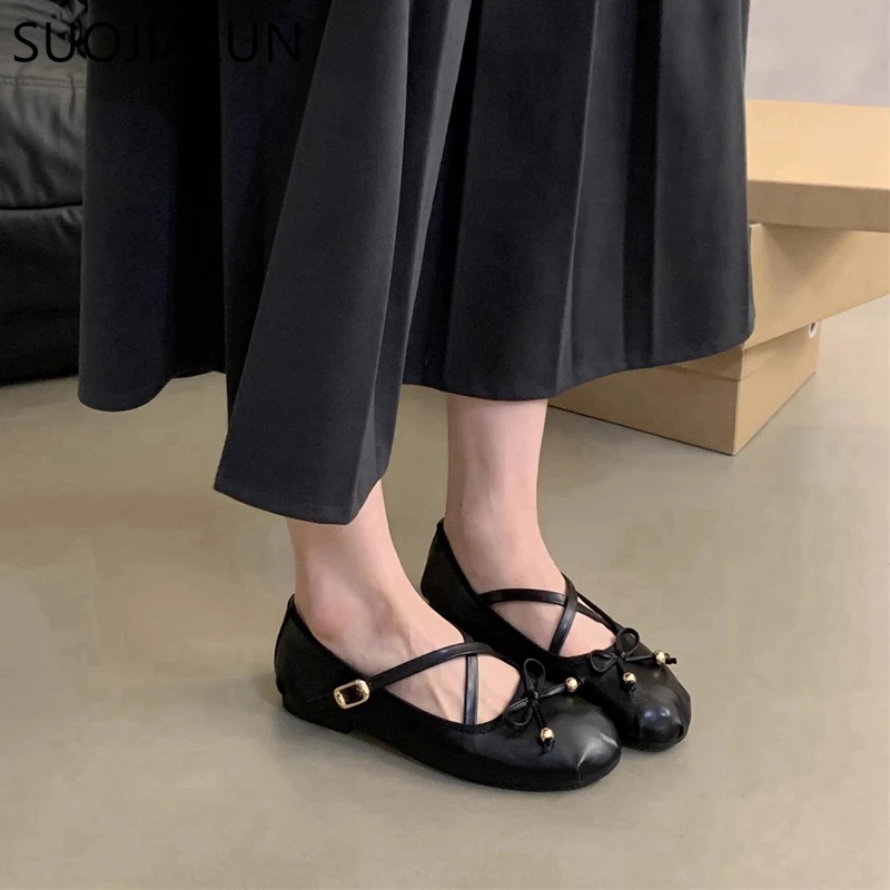 SUOJIALUN 2024 Autumn Women Flat Shoes Fashion Round Toe Shallow Slip On Ballerinas Shoes Ladies Soft Flat Heel Dress Mary Jane