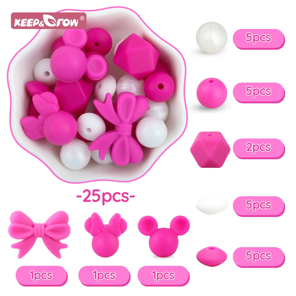 25Pcs/Set Baby Silicone Beads Round Lentil Beads Mouse Teething Beads DIY Pacifier Chain Clips Bracelet Necklace Accessories