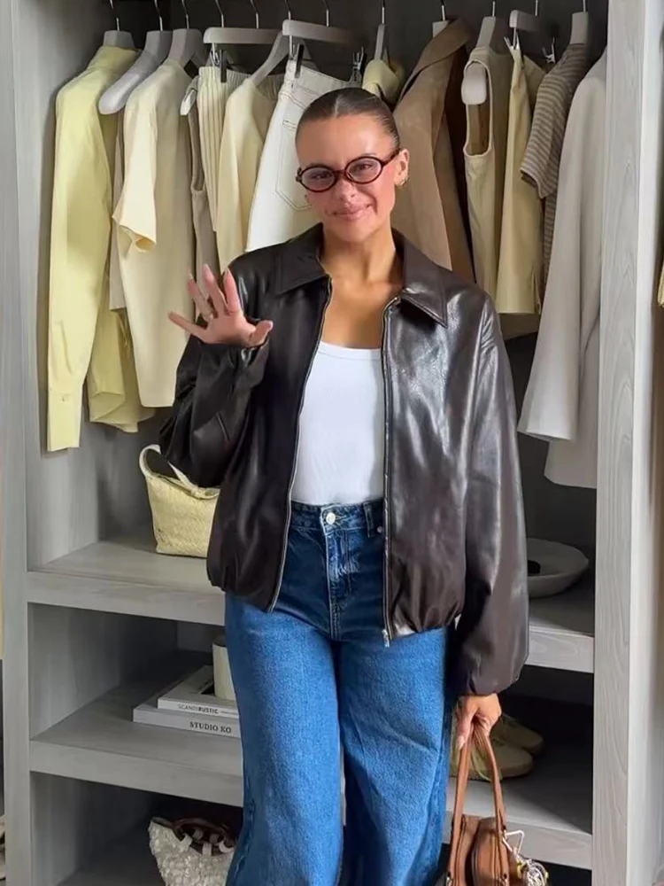 

TFMLN 2025 New Women PU Leather Bomber Jacket Vintage Lapel Loose Simple Style Long Sleeve Winter Autumn Short Leisure Outerwear