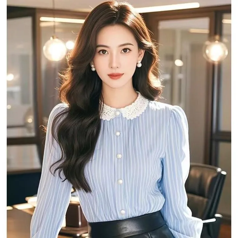 Ladies Spring Summer Temperament A Celebrity Button Striped Peter Pan Collar Women's Shirt Simplicity O-neck Long Sleeve Top Tee