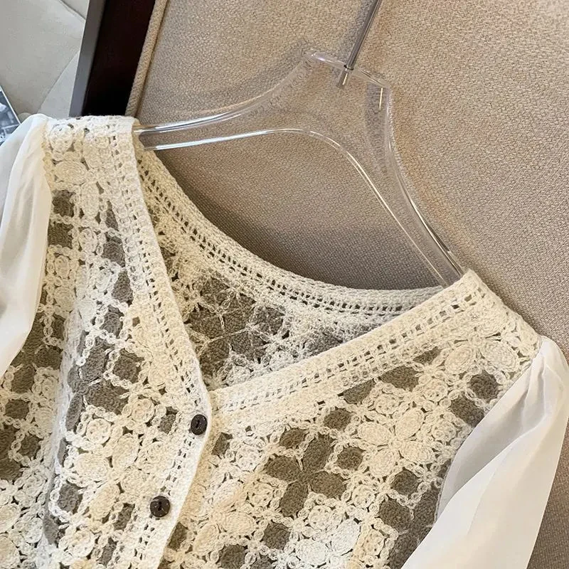 Blusas bordadas de encaje con una sola botonadura para mujer, Camisa de gasa fina elegante, Tops informales sueltos de manga larga