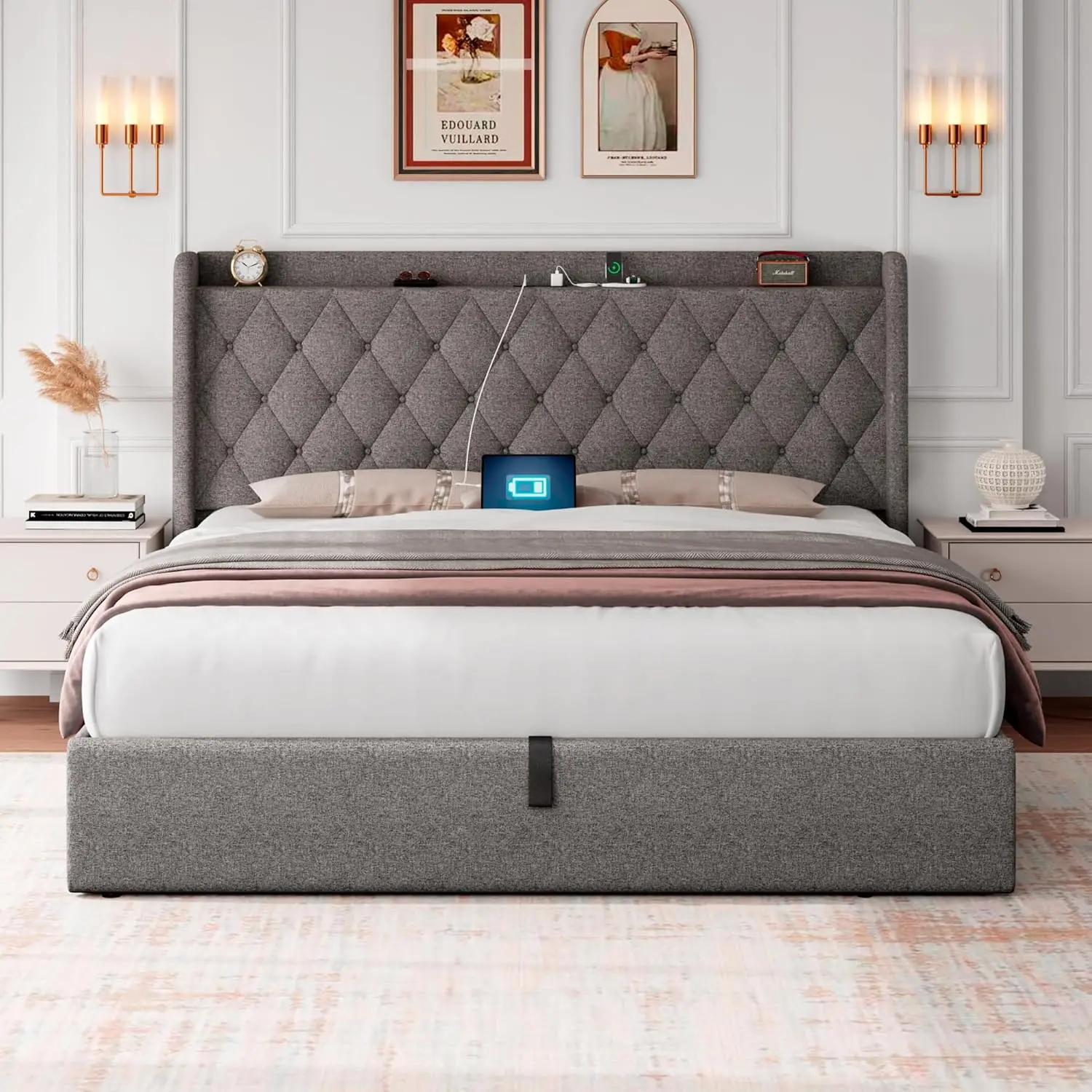 

King Size Lift Up Storage Bed Frame with Charging Station, Upholstered Platform Bed Frame with Tufted Headboard