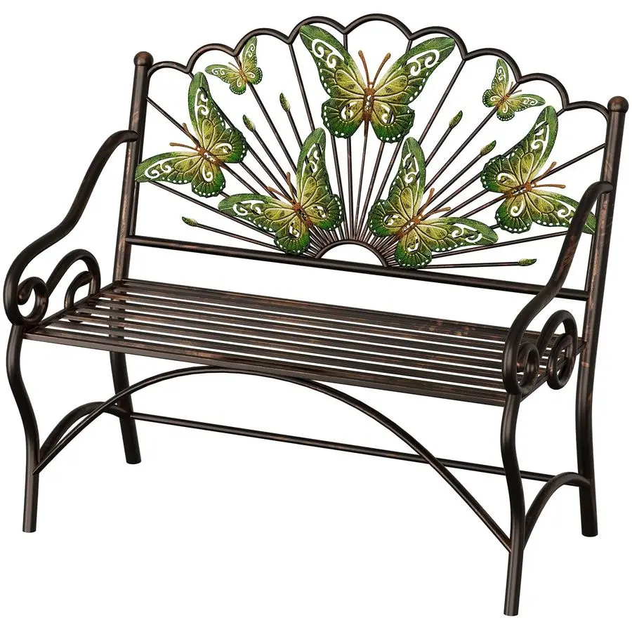 39 Outdoor Bench Garden Bench with Armrest and Backrest Cast Iron Patio Bench with Slatted Seat and Butterfly Pattern for Outsid