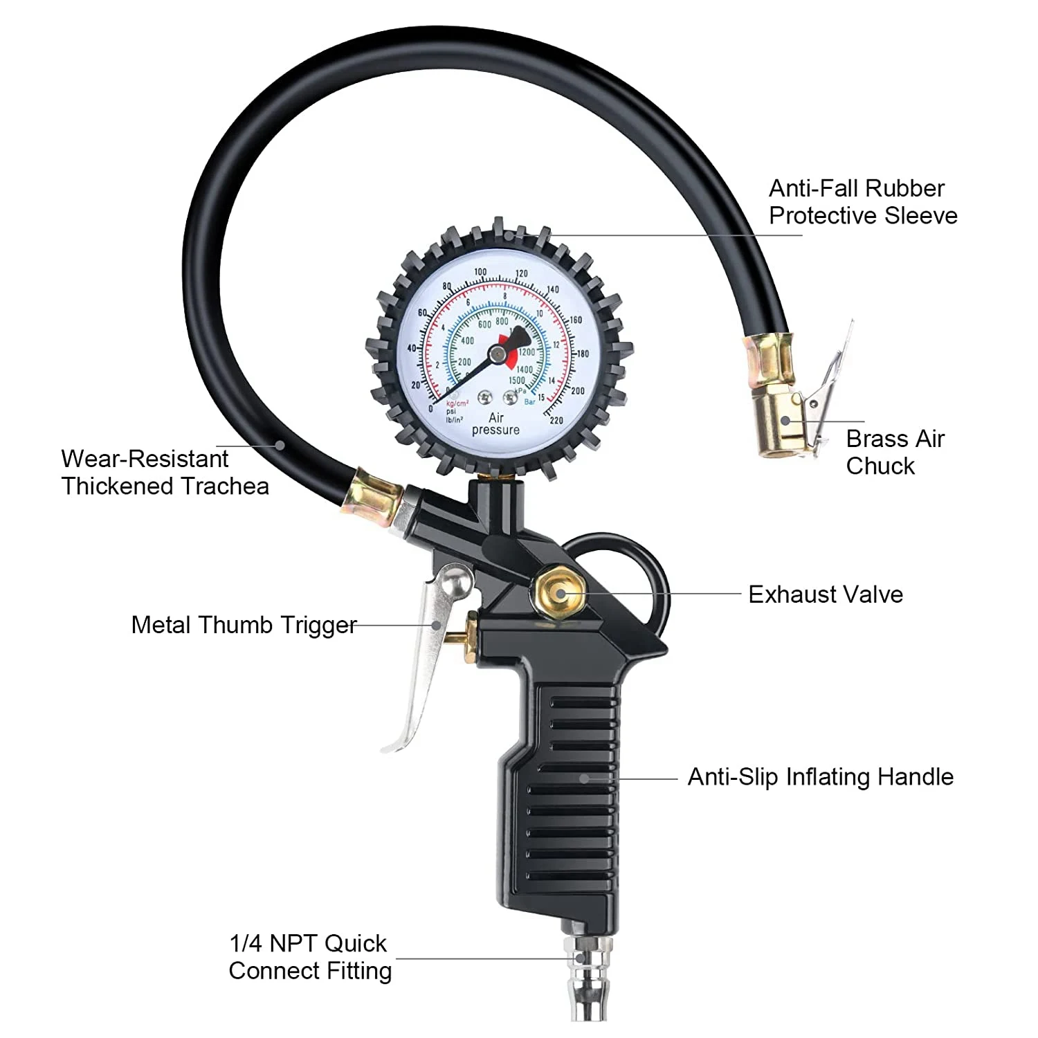 Car Tire Pressure Gauge 220 PSI Tire Inflator with Valve Core Tool Air Compressor for Car Motorcycle Bicycle