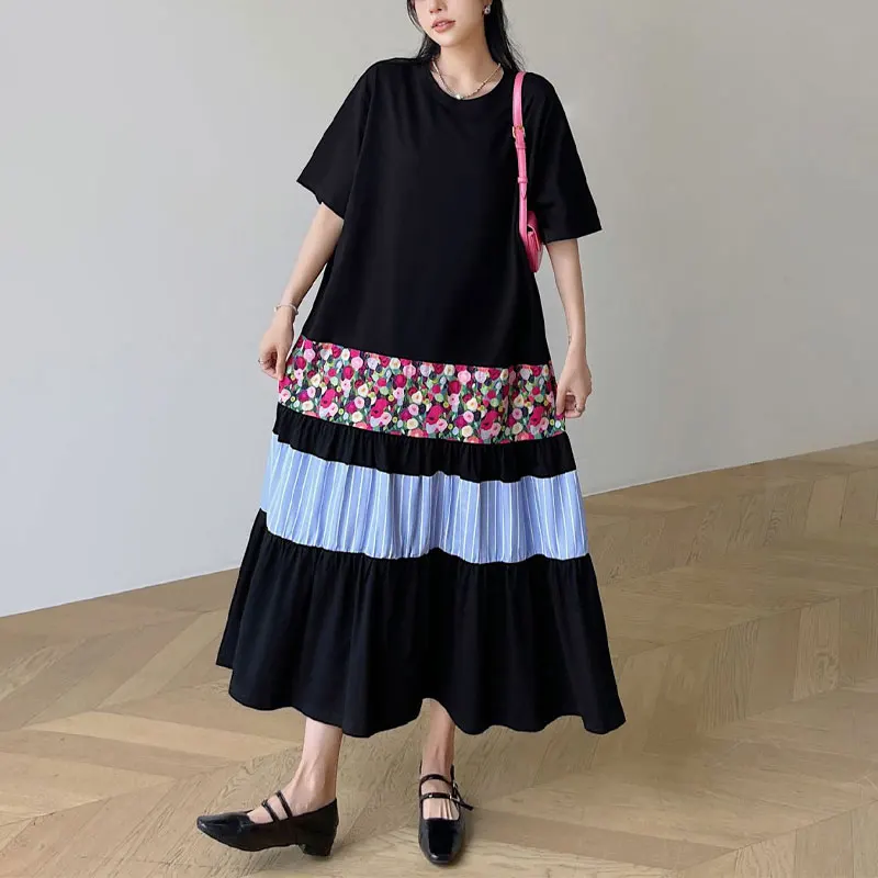 

Folk Broken Flowers Patchwork Midi Dress Loose Women's Clothing Short Sleeve Summer All-match Casual Round Neck A-Line Dresses