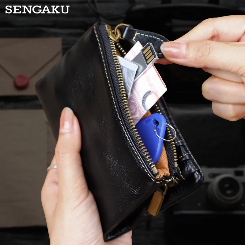Fashion Men\'s Short Wallet Genuine Leather Card Holder Wallet Coin Purse With Zipper Small Thin Male Short Wallets Money Bag