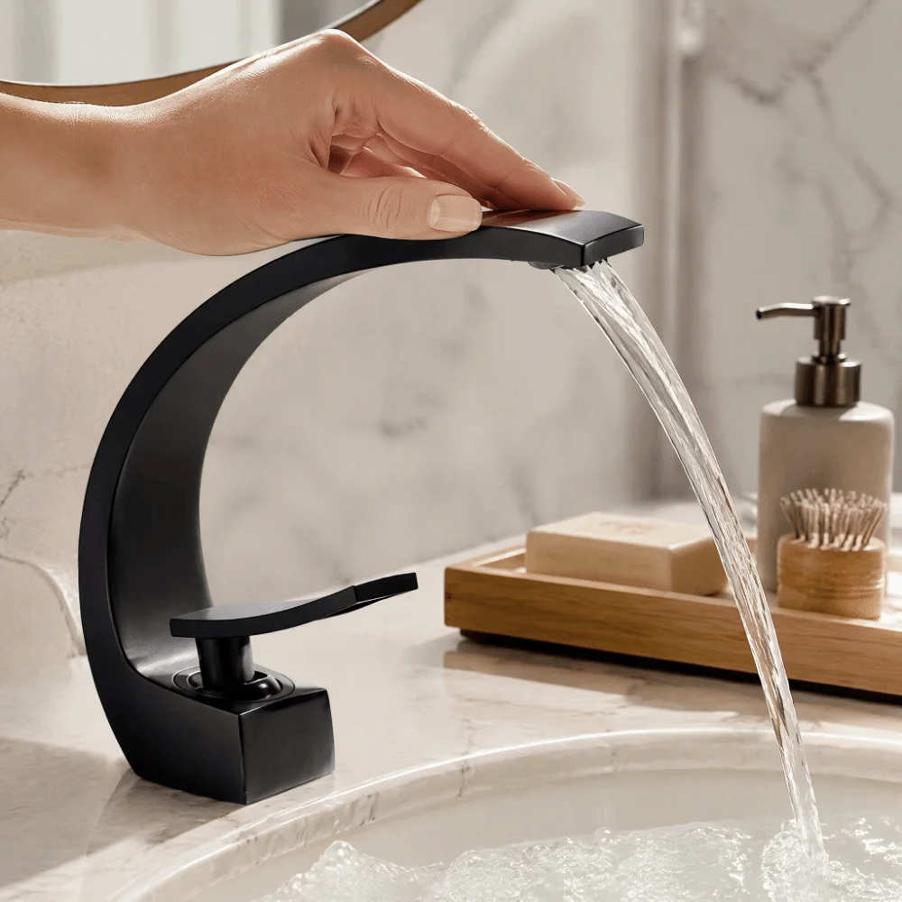 Matte Black Finish Bathroom Faucet Moon Curved Spout Minimalist Design Undermount Bathroom Faucet Water Mixing Function