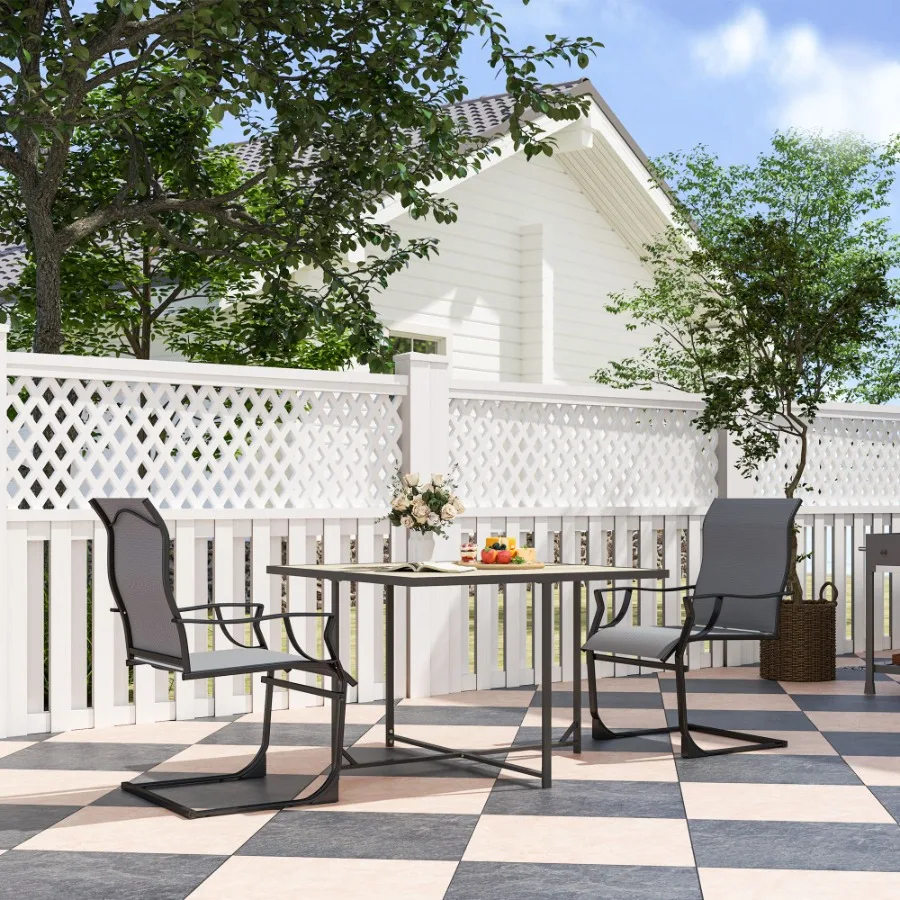 طقم كراسي طعام C Spring Patio مكون من قطعتين مع مسند ظهر مرتفع ومسند للذراع وإطار معدني من القماش قابل للتنفس سعة 256 رطلًا باللون الرمادي الفاتح