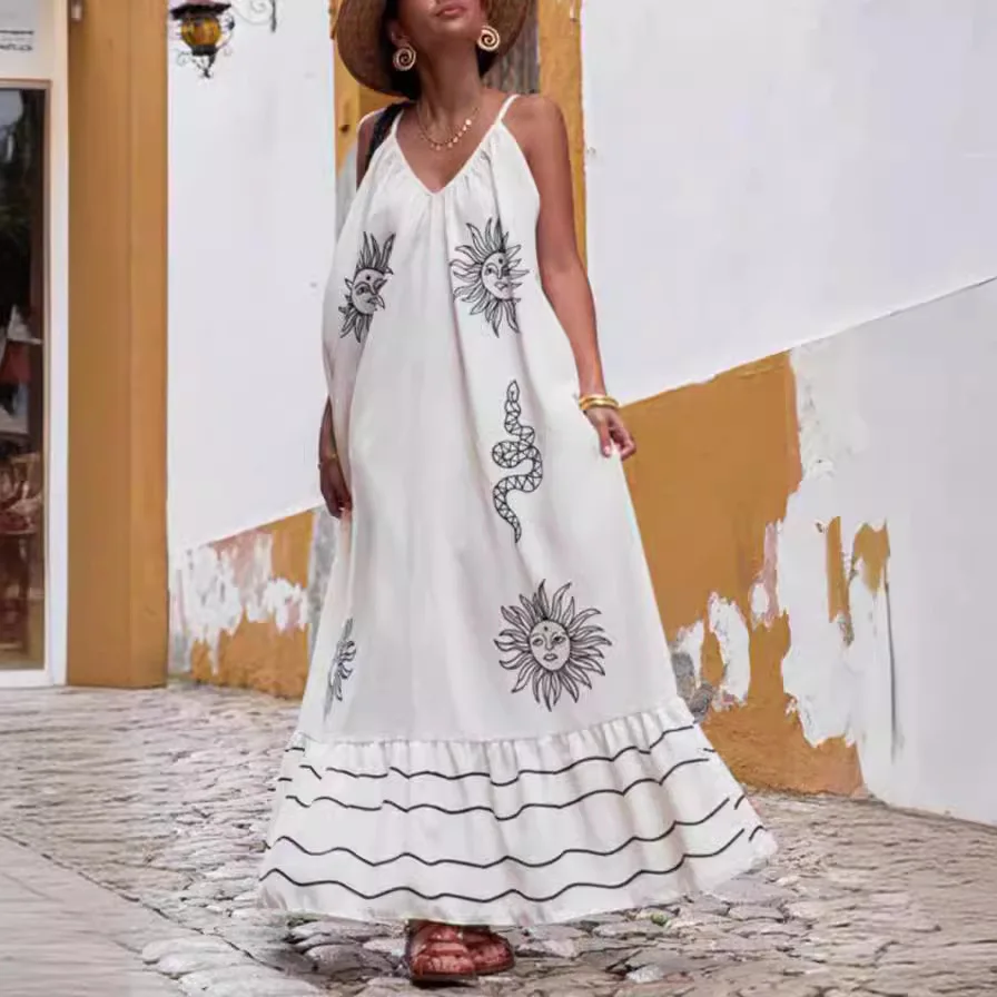 

2024 Spring/Summer New Camisole Print Holiday Loose Fit Oversized Dress For Women