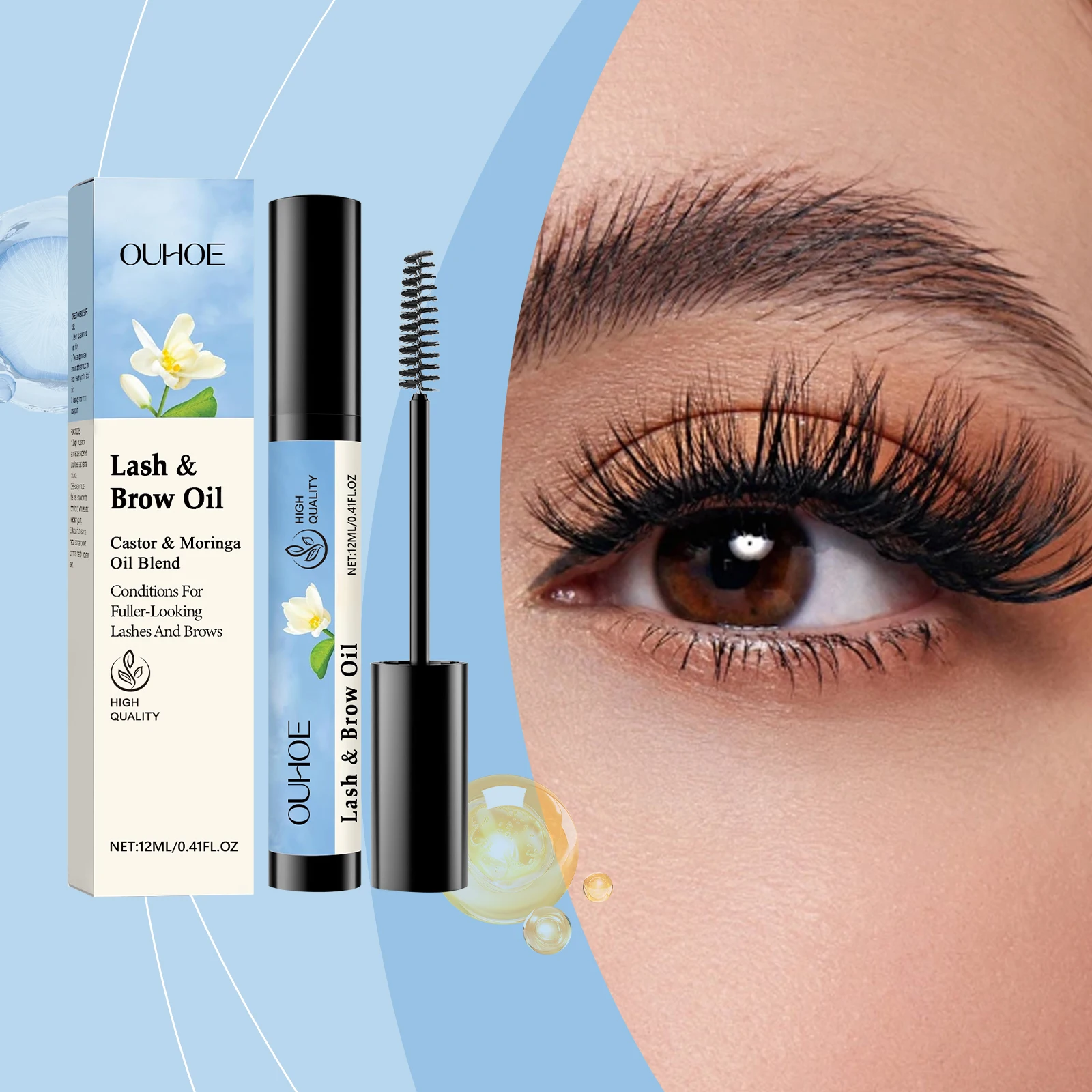 Máscara de pestañas OUHOE de 12ML y aceite para cejas, cuidado de cejas, maquillaje Natural, máscara negra y hermosa, rizada y no fácil de desgarro