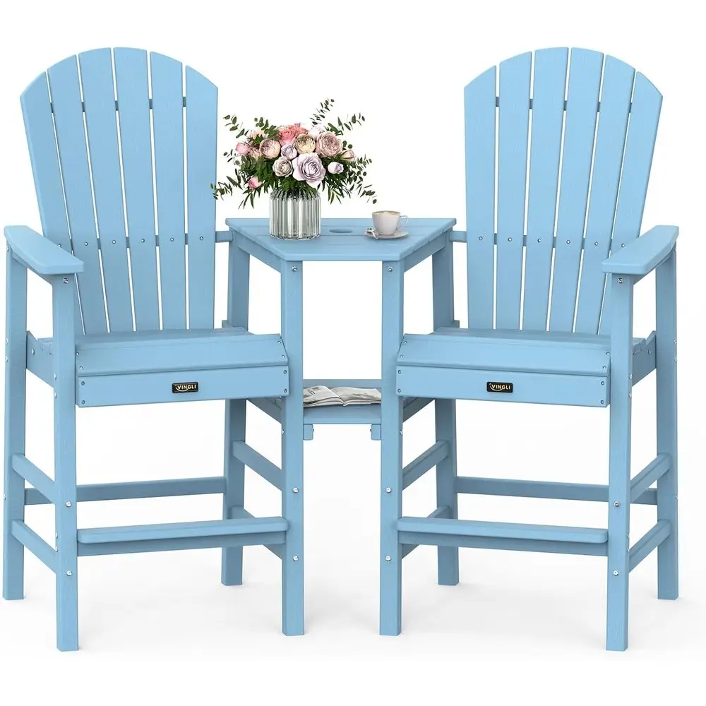 Set of 2 Weather-Resistant HDPE Bar Height Adirondack Chairs with Double Trays for Patio, Poolside, and Backyard (Blue)