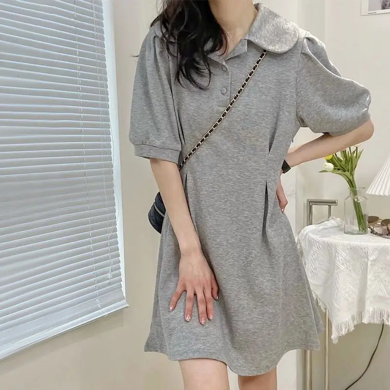 Summer Sweet Grace Short Sleeve Turn-down Collar Casual Grey Mini Dresses for Women Chic Korean Style Female Simple Wild Dress