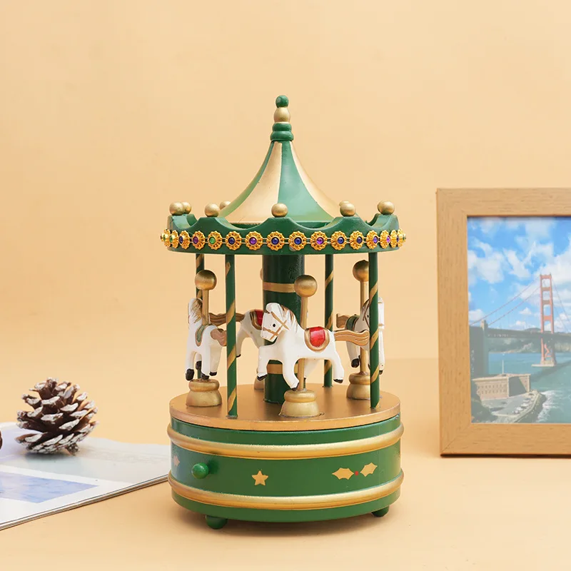 1PC New Christmas Carousel Wooden Music Box Merry Christmas Decorations for Home Cristmas Ornament Xmas Happy New Year Gifts