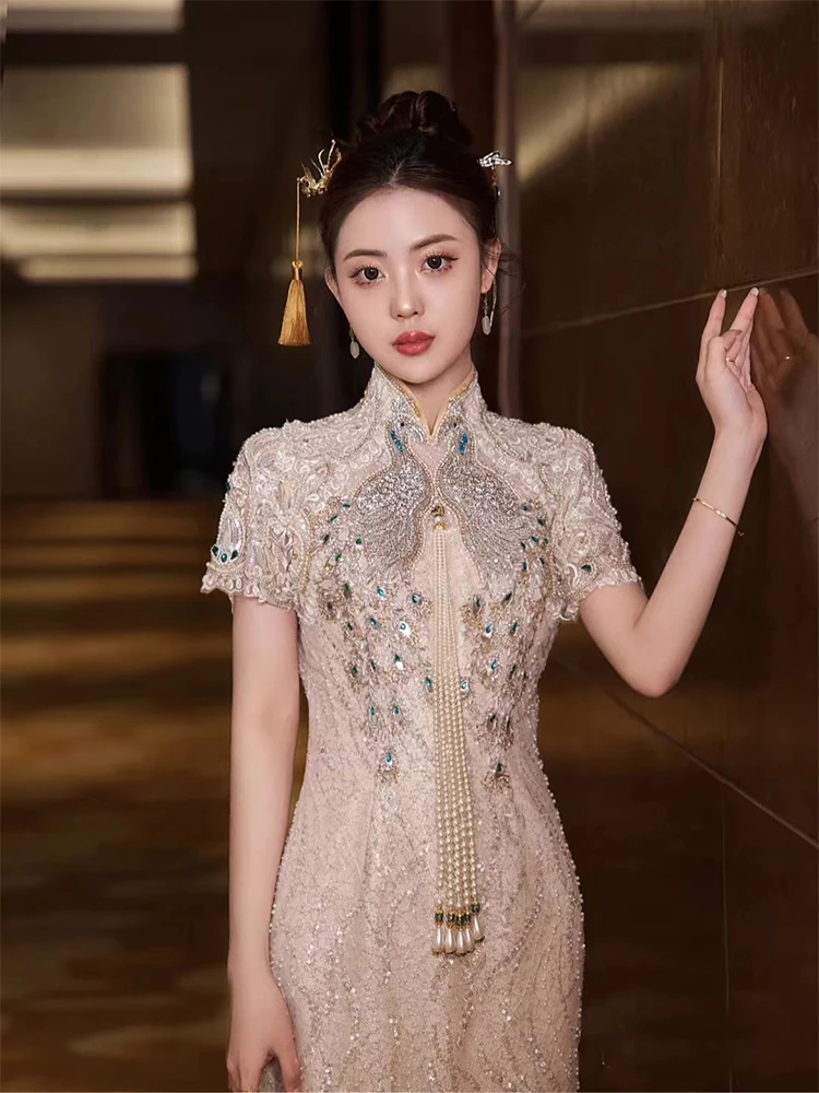 

New Chinese Sle Wedding Dr Ele ort Sve Long Skirt for Bride oming Ceremony Summer High Waist