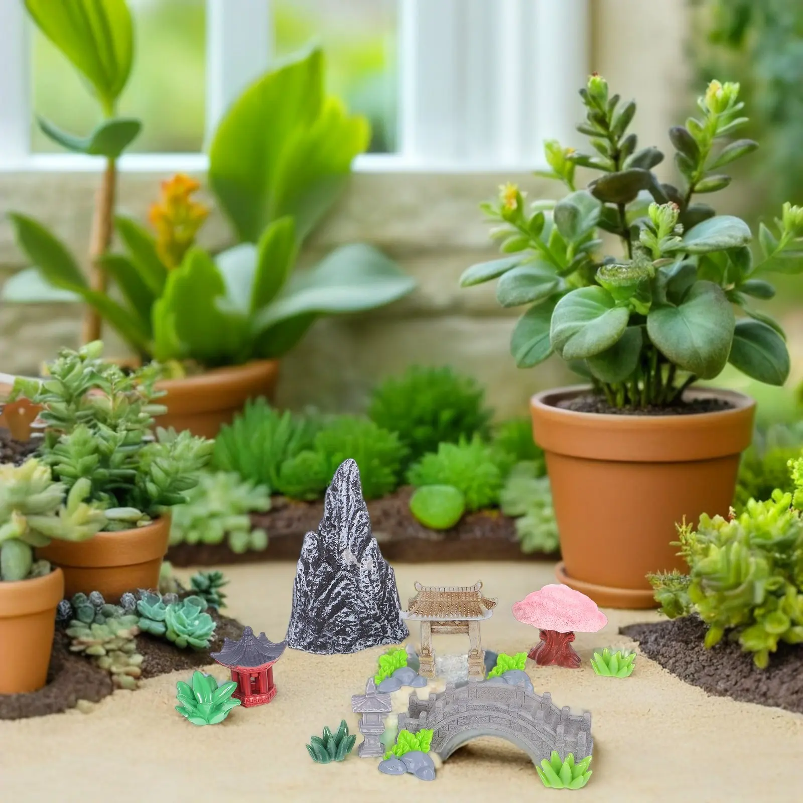 1Set Resin Miniature Chinese Landscape Rockery Decoration Micro Landscape Ornament for Desk Cabinet Windowsill Fish Tank Indoor