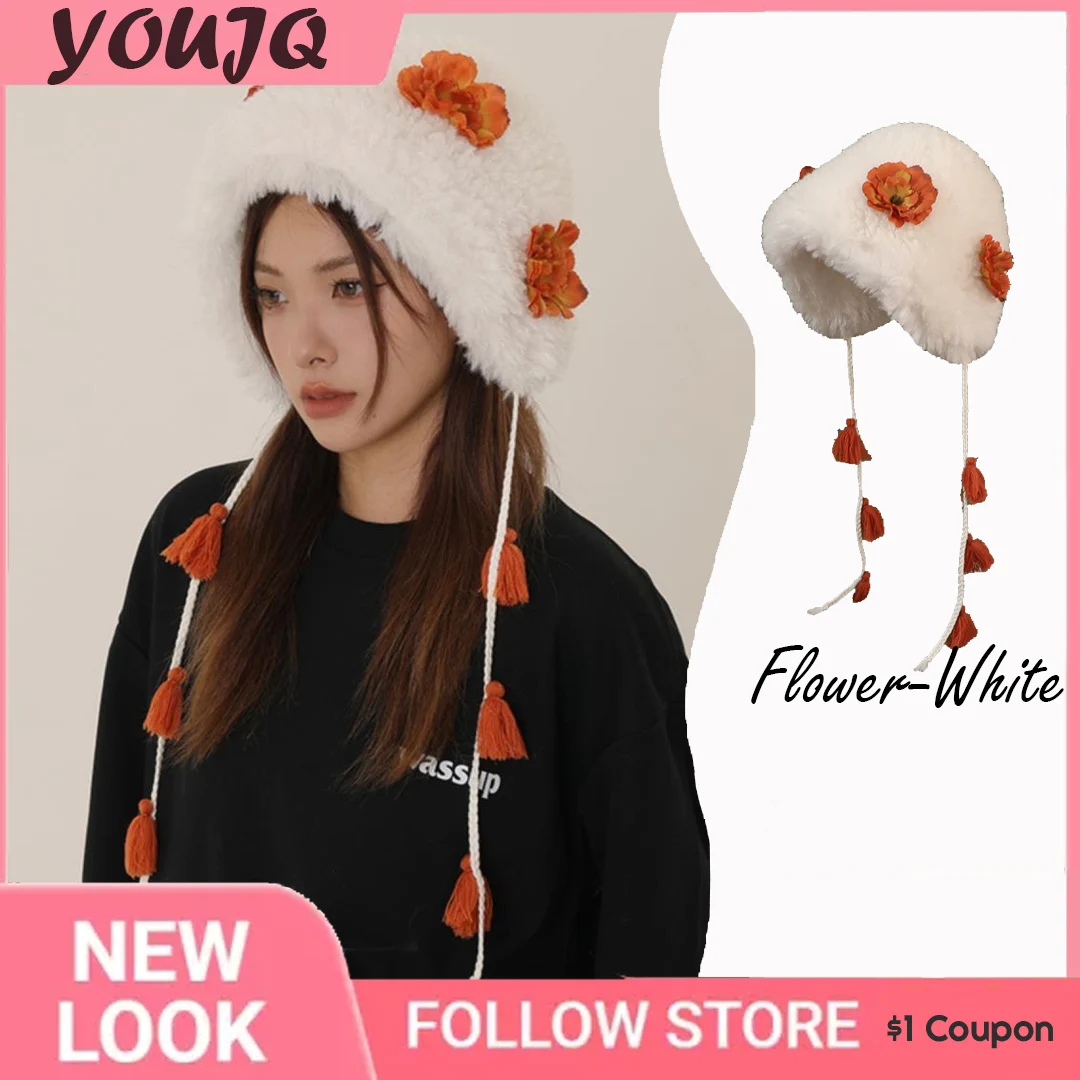 Y2K Japanese Kawaii Plush Hats Sweet Lolita Flower Autumn Winter Warm Ear Protection Bomber Caps for Women Ear Beanies Gorros