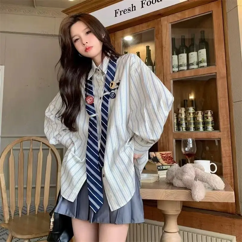 

College Style Striped Shirt Women Spring Autumn Tie Student Loose Coat
