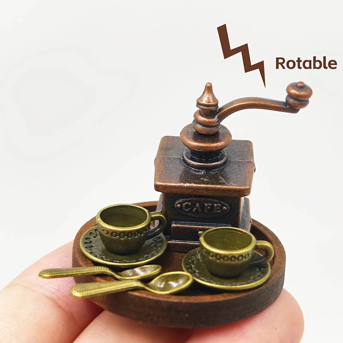Retro metal dollhouse coffee set, including a mini coffee grinder with a wooden tray, coffee cups, and coffee shop decorations.