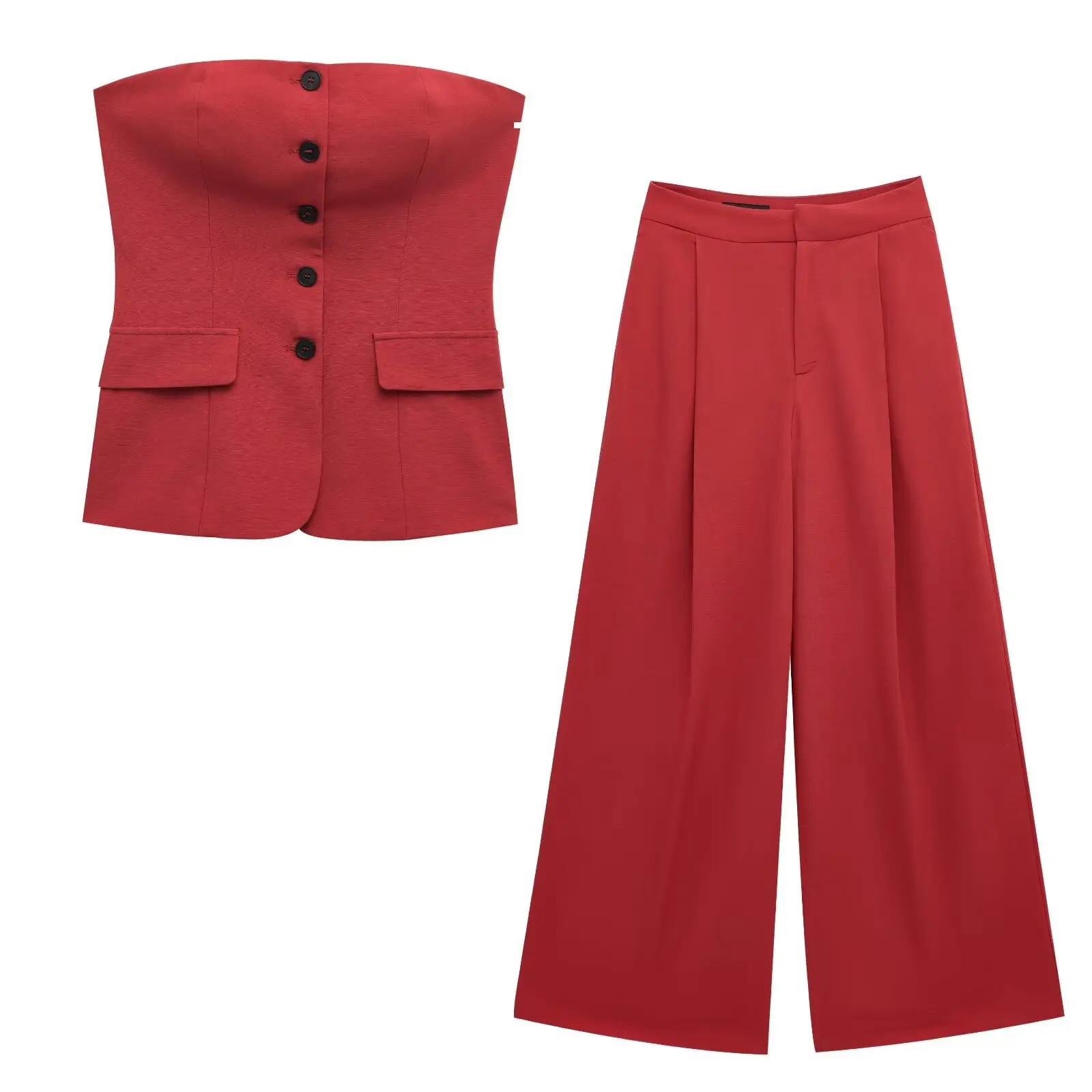 

ZBZA Women's Slim-fit Tube Top Trousers Set Sexy Single Breasted Solid Top High Waist Straight Wide Leg Pants Spring Summer Suit
