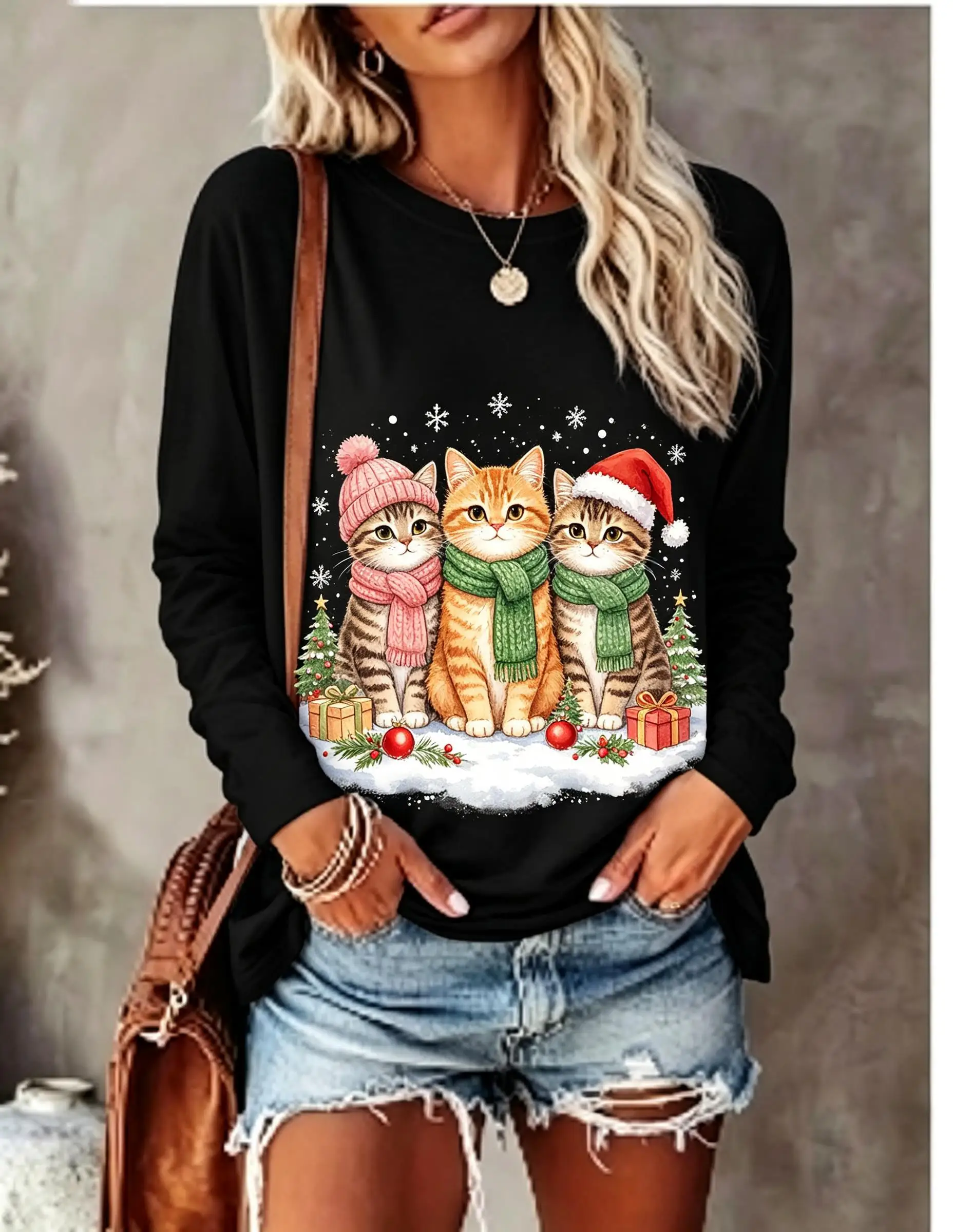 Women Long Sleeve T‑Shirt Christmas Three Cats With Hat Scarf Gift Snowflake Print Crew Neck Casual Tops