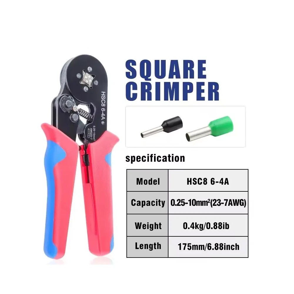 Utensili per crimpare ghiera con manicotti terminali HSC8 6-4A AWG23-7 autoregolabile/0,25-10mm2 Pinza per crimpare cavi a cricchetto quadrata