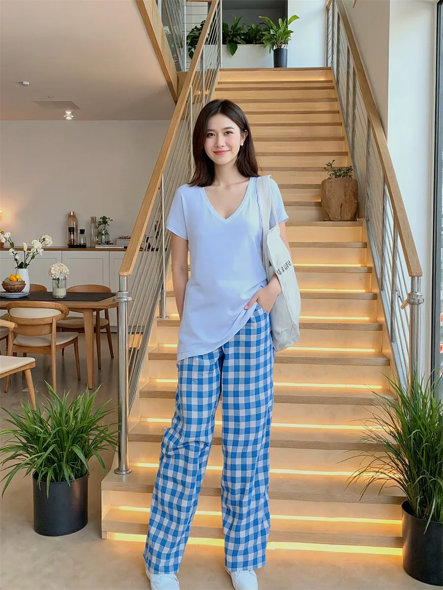 Disegni di pantaloni per donna Blu Rosa Plaid Palazzo Gamba extra larga che scorre Elegante festa serale formale Occasioni speciali Drappeggio