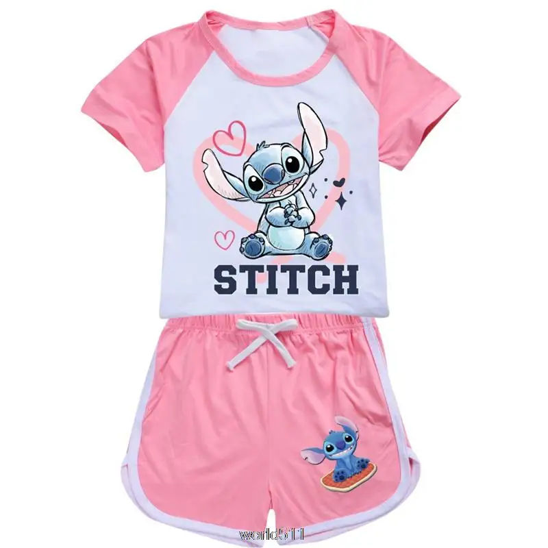 Stitch Pajamas Summer Print T Shirt Shorts Set Kids Girls Cute Cotton Sleepwear Baby Children Home Sleep Wear Clothes