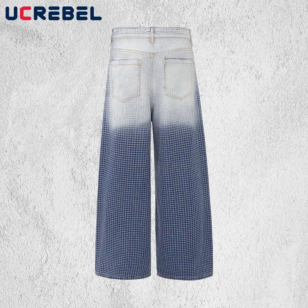 Gradient Dyed Plaid Jeans Mens Pocket High Street Washed Distressed Baggy Wide Leg Denim Pants Man
